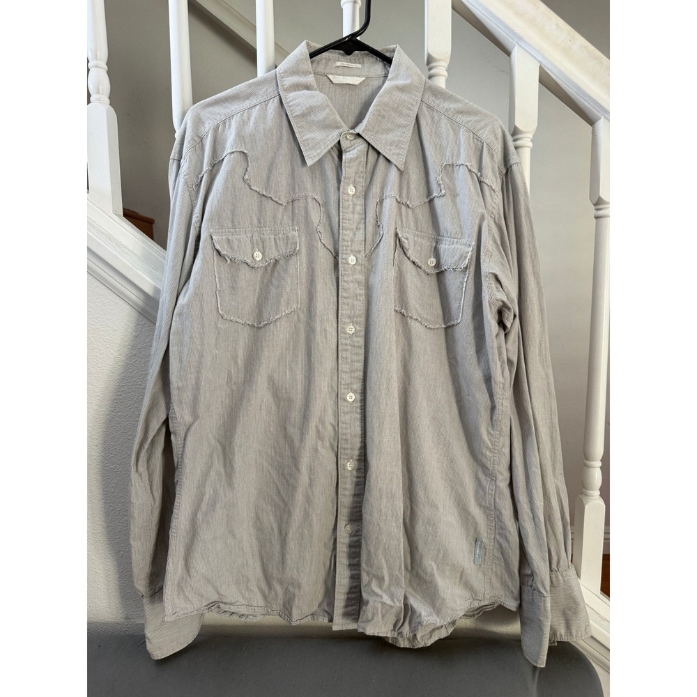 Full Circle Mens Grey Striped Western Distressed Yoke Button Down Shirt XL